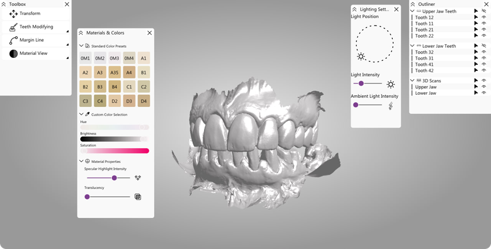 3D dental model interface with materials, colors, and lighting controls