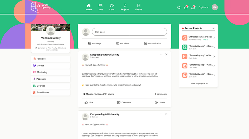 Improved OpenUp interface with new top navigation bar containing Home, Jobs, Calls, Projects, Events. Left sidebar now contains secondary items like Facilities, Groups, Mentoring, Podcasts, Courses, and Saved Items. Main feed shows cleaner layout with Recent Projects panel.