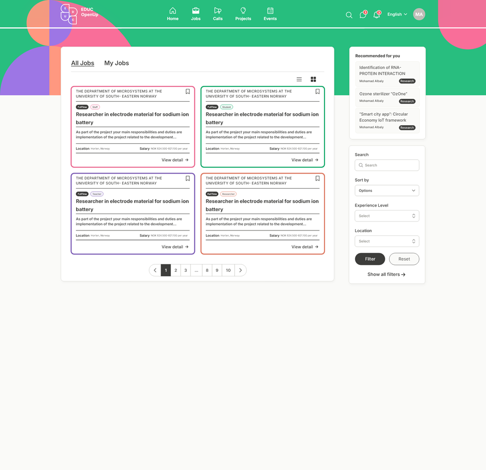 Improved Jobs page showing clean top navigation, job cards in grid layout, and prominent sticky filters panel on the right with search, sort options, experience level, and location filters for better accessibility.