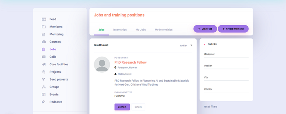 Jobs section interface with left sidebar navigation and dedicated filters panel showing various filter options including Workplace, Position, City, and Country for refined job searching.