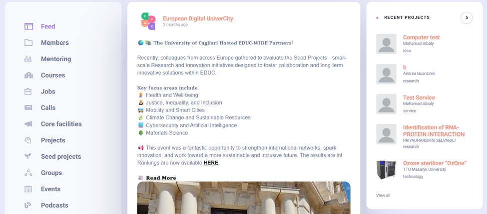 OpenUp platform interface showing left sidebar navigation with Feed, Members, Mentoring, Courses, Jobs, and other sections. Main content displays a European Digital UniverCity post about university partnerships with key focus areas listed. Right sidebar shows Recent Projects with user profiles.