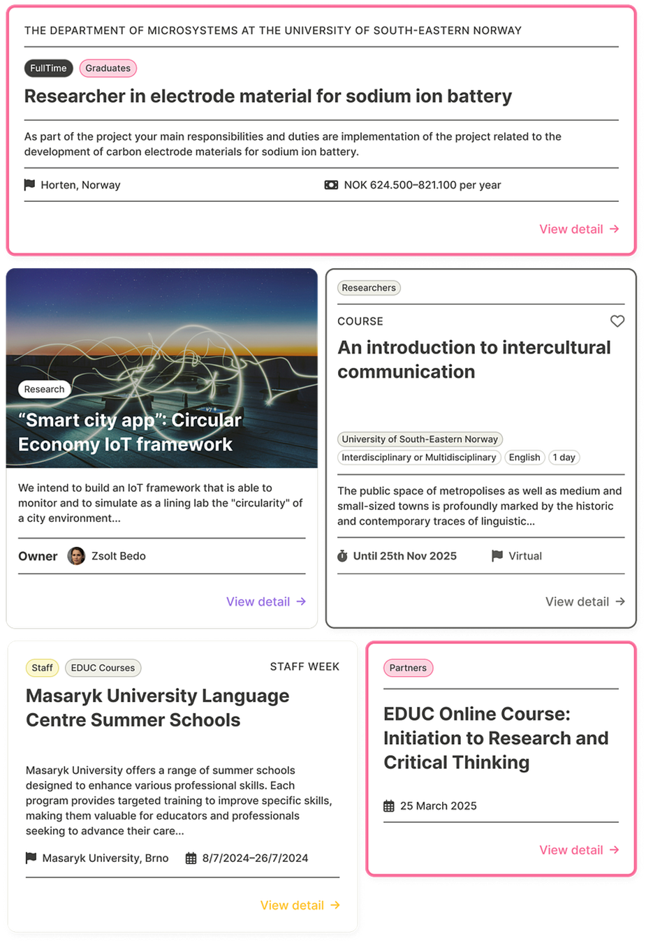 Grid layout of OpenUp content cards showing mixed academic content including job postings, research projects, courses, and events. Cards have different colored borders and display various content types with inconsistent labeling and hierarchy.