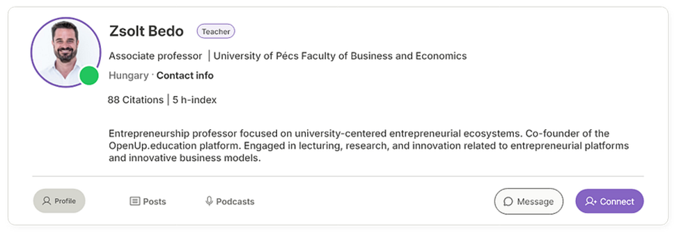 User profile for Zsolt Bedo showing purple border around avatar and Teacher role badge, demonstrating the role-coded visual system implementation on individual profile pages.