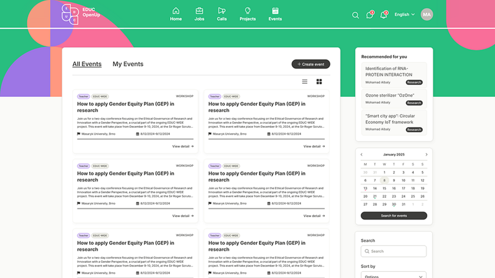 After: Improved Events page with clean design tokens applied, showing consistent top navigation, event cards with proper spacing and typography, role badges, and a right sidebar with recommendations and calendar widget.
