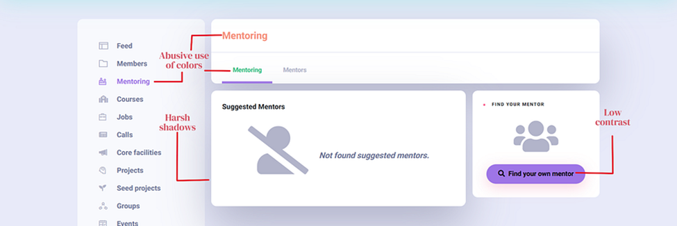 Before: OpenUp Mentoring section showing accessibility issues with red annotations pointing out 'Abusive use of colors', 'Harsh shadows', and 'Low contrast' problems in the interface design.